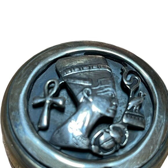Vtg Sterling Silver Egyptian Pill Box Nefertiti Beetle Ankh Bird Snake Cutout - Picture 3 of 7